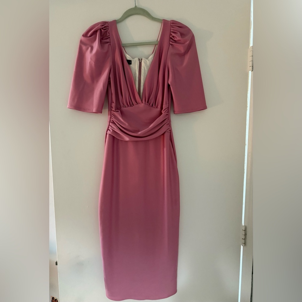 Rose Pink Draped Midi Dress with Puff Sleeves